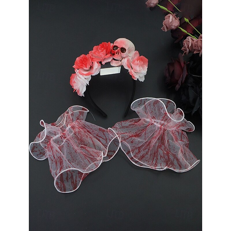 Women's Halloween Bloody Bride Costume Accessories Set - Skull and Rose Headband, Bloody Lace Wrist Cuffs and Horror Veil Props for Zombie, Vampire and Scary Party Outfits4