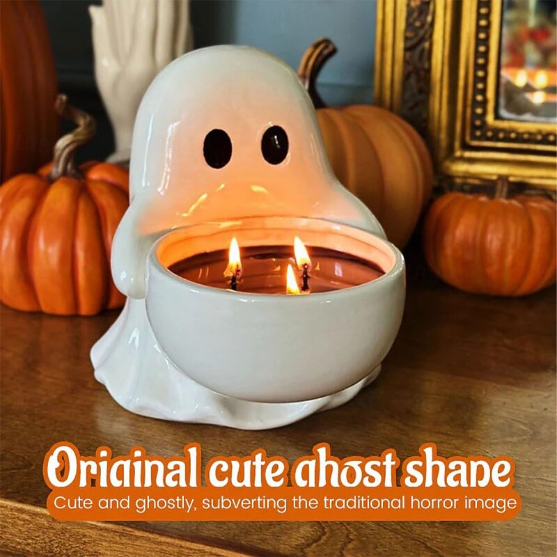 Resin Halloween Cute Ghost Decoration Candlestick Gothic Spooky Cute Ghost Decoration Halloween Candlestick Holder Cartoon Decorative Snack Storage Box2