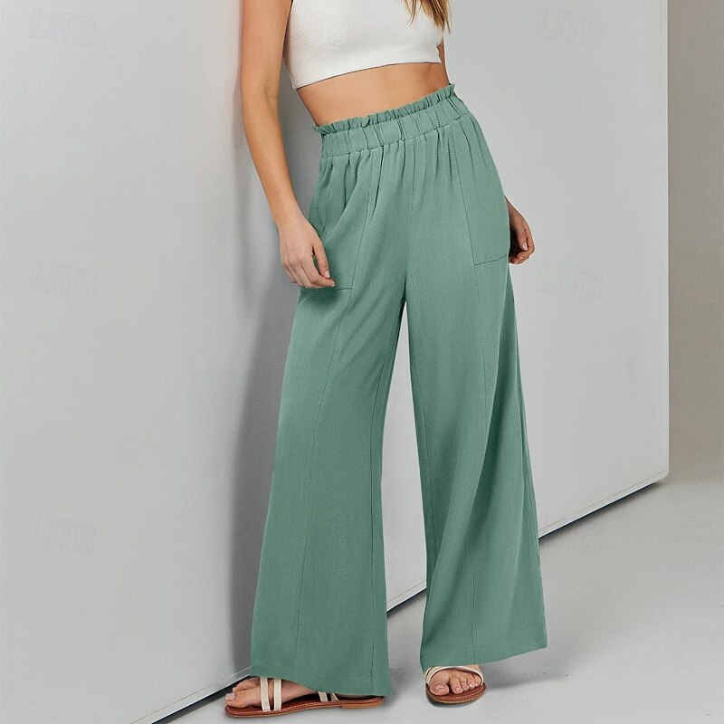 Women's Wide Leg Slacks Streetwear Casual Full Length Natural Plain Pocket Elastic Waist Comfortable Street Holiday Daily Wear Blue Mint Green Brown Army Green Fall Regular Fit