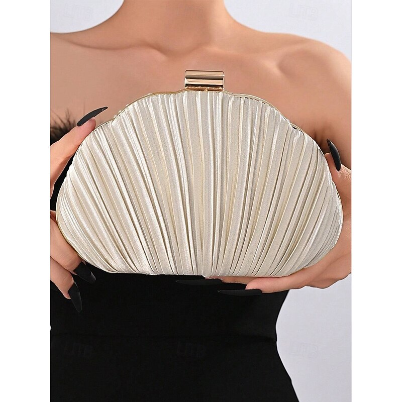 Women's Shell Pleated Satin Evening Clutch Purse, Metallic Champagne with Gold Frame & Chain — Vintage Glam for Weddings, Cocktail Parties, Prom & Night Out2