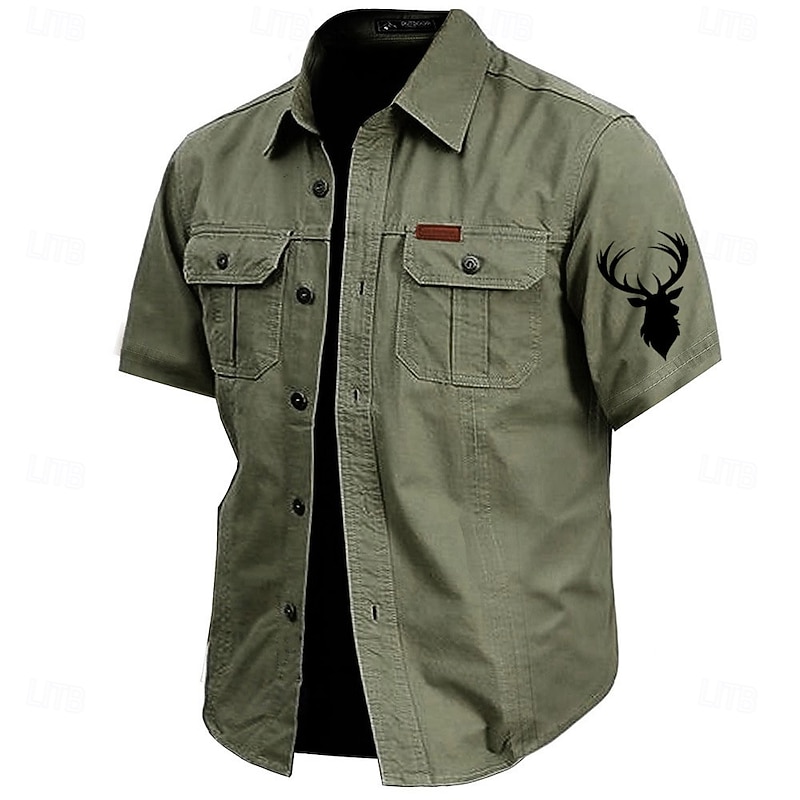 Men's Reindeer Work Shirt Western Shirt Cargo Shirt Short Sleeve Casual Tactical Sports Outdoor WorkWear Summer Spring Turndown Front Two Pockets Cotton Button Up Shirts Army Green Khaki Dark Blue