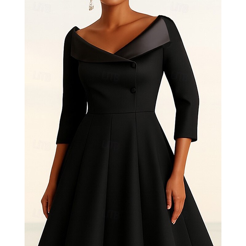 Tuxedo Dress A-Line Formal Wedding Guest Stretch Fabric Elegant Simple Minimalist 3/4 Length Sleeve Knee Length V Neck Lapel3