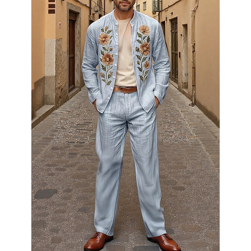 Men's Lightweight Jacket Casual Jacket Set Vacation Daily Breathable Embroidery 2 Piece Spring Fall Floral Fashion Classic Stand Collar Regular Yellow Blue Jacket2