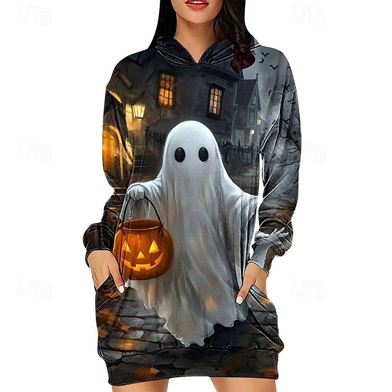 Women's Mini Dress Hoodie Dress Casual Dress Fashion Modern Outdoor Halloween Daily Regular Fit Pumpkin Ghost Long Sleeve Hooded Black gray Black Navy Blue Blue Summer Spring Fall