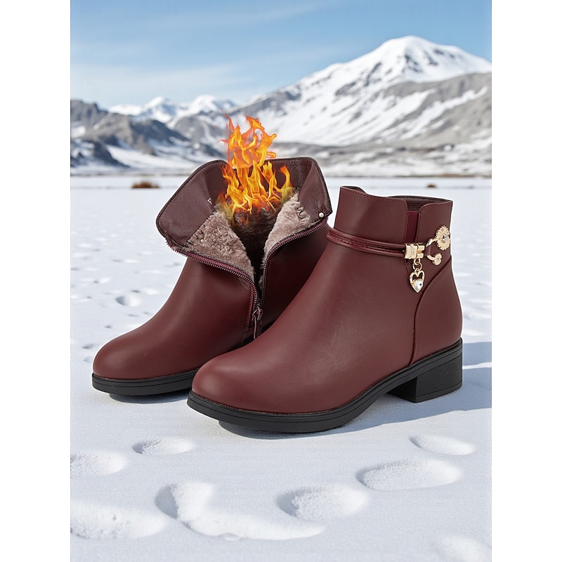Women's Warm Fur-Lined Ankle Boots - Burgundy Low Heel Winter Booties with Gold Charm Details for Snow,Outdoor Travel and Cold Weather Commute