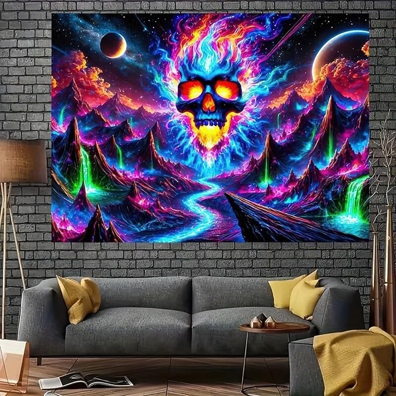 Halloween Skull Blacklight Tapestry – UV Reactive Glowing Wall Hanging Decoration for Bedroom, Living Room, Dorm, Party, or Haunted House Decor3