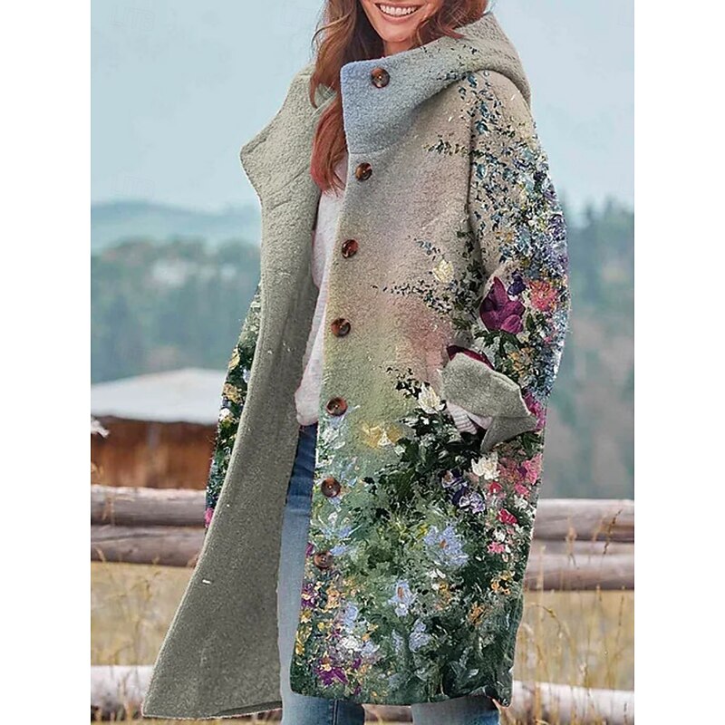 Women's Winter Jacket Fleece Jacket Coat Warm Breathable Pocket Buttons Print Active Daily Casual Floral Vacation Street Daily Single Breasted Long Hoodie Regular Fit Long Sleeve Outerwear Black