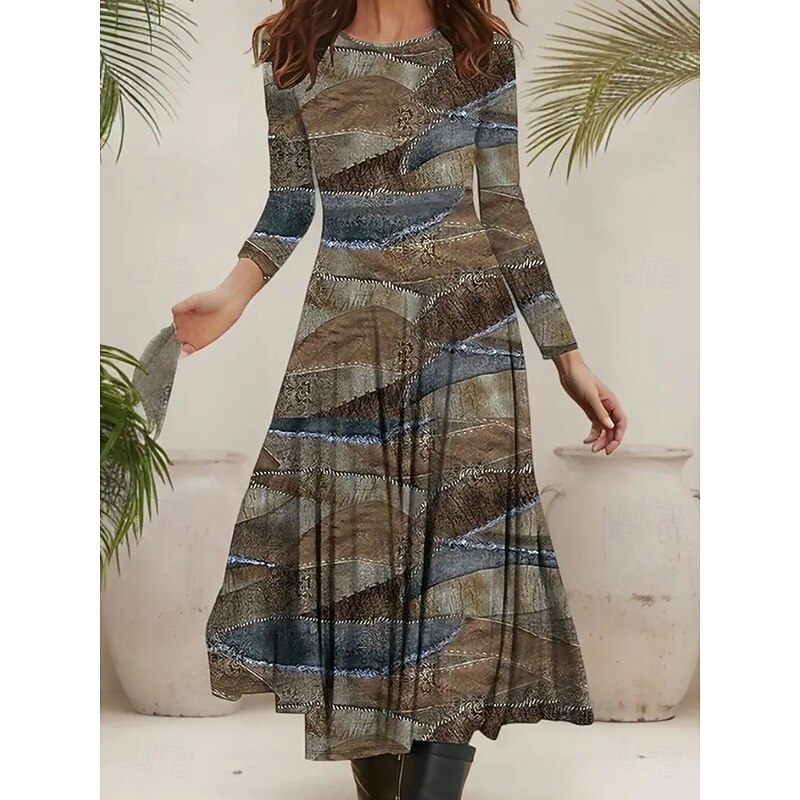 Women's Midi Dress Fit And Flare Dress Casual Boho Party Daily Going out Regular Fit Polka Dot Abstract 3/4 Length Sleeve Crew Neck Light Brown Fall Winter