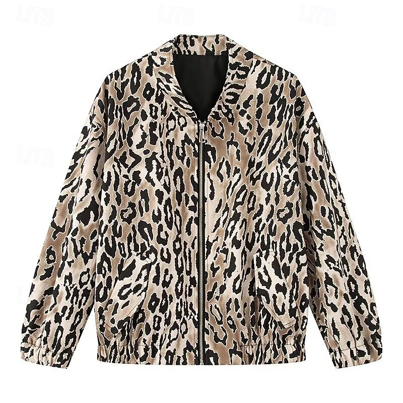 Women's Casual Jacket Comfortable Zipper Print Vintage Fashion Leopard School Outdoor Vacation Home Short Baseball Collar Regular Fit Long Sleeve Outerwear Leopard Print Spring Fall