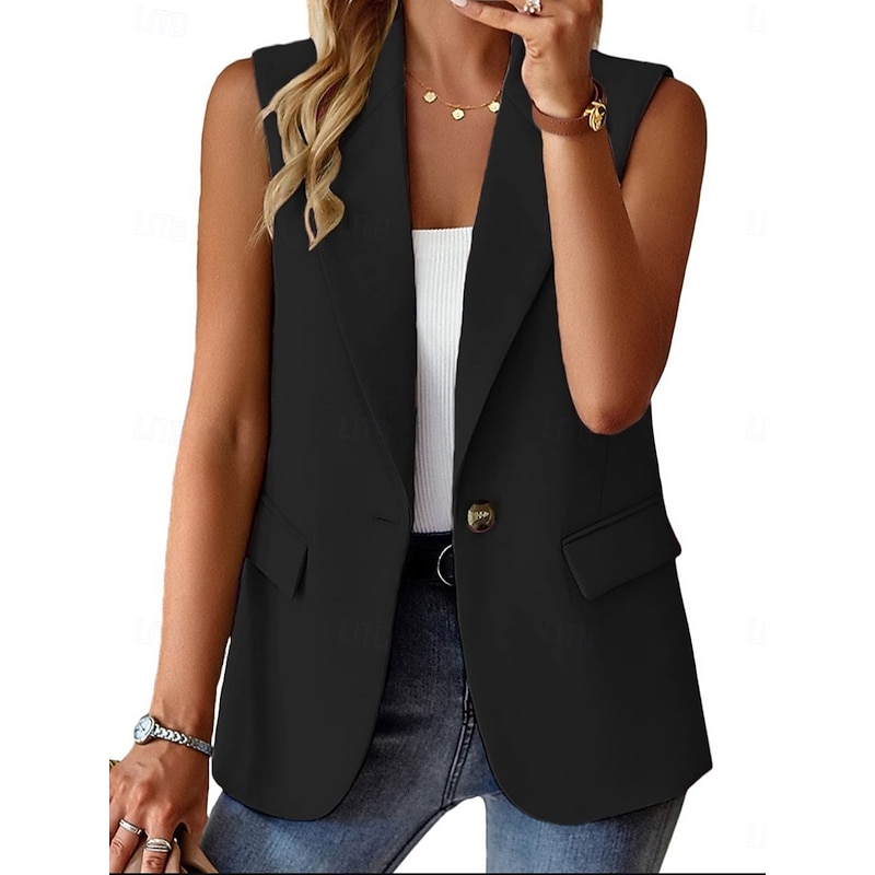 Women's Casual Jacket Vest Comfortable Breathable Pocket Buttons Casual Plain Vacation Street Casual Daily Wear Single Breasted Regular Lapel Regular Fit Sleeveless Outerwear Black White Red Summer2