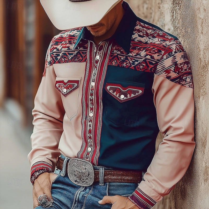 Men's Geometric Aztec Ethnic Shirt Western Shirt Cowboy Shirt Long Sleeve Vintage Retro Outdoor Casual WorkWear Spring Fall Turndown Front Two Pockets Linen Like Shirt Button Up Shirts Pink Light4