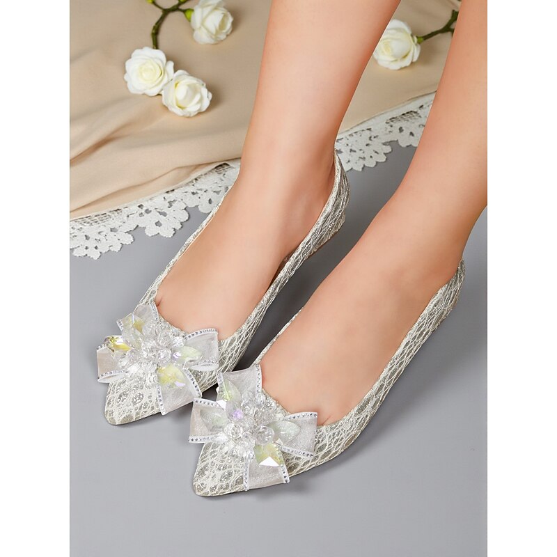 Women's Glitter Lace Low Block Heel Wedding Shoes - Elegant Pointed Toe Bridal Pumps with Crystal Bow for Bride, Bridesmaids and Formal Events4