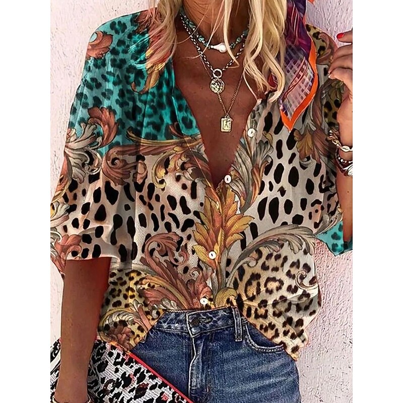 Women's Bohemia Vintage V Neck 3/4 Length Sleeve Graphic Leopard  Daily  Regular Tops Daily Beach Wear Print Maroon Summer Spring Fall