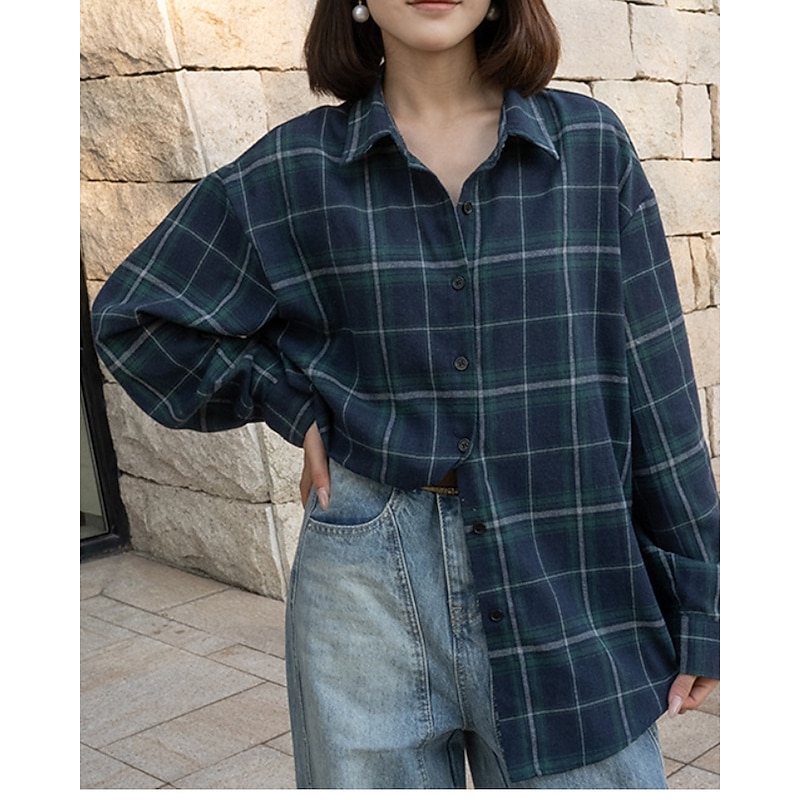 Women's Shirt Blouse Plaid Casual Long Sleeve Shirt Collar Regular Tops Daily Holiday Going out Buttons Red Navy Blue Fall
