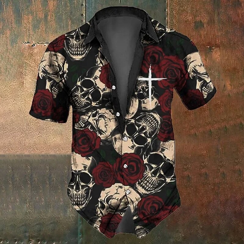 Men's Halloween Costumes Day of the Dead Skulls Shirt Button Up Shirt Short Sleeve Dark Punk Gothic Style Holiday Summer Spring Turndown 3D Print Collared Shirts Black 1 Black Black 22