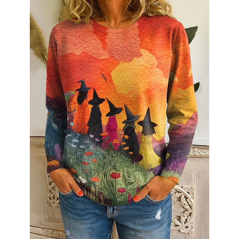 Halloween Women's T shirt Witch Graphic Vintage Fashion Stylish Long Sleeve Crew Neck Regular Tops Daily Print Yellow Blue Orange Green Fall Winter