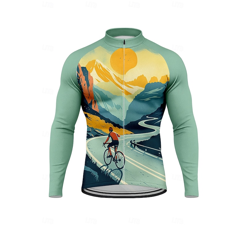 Men's Tops Cycling Jersey Graphic Geometric Scenery Long Sleeve Bike Jersey Top with 3 Rear Pockets Sun Sun Protection Sunscreen Quick Dry Sports Green Clothing Apparel