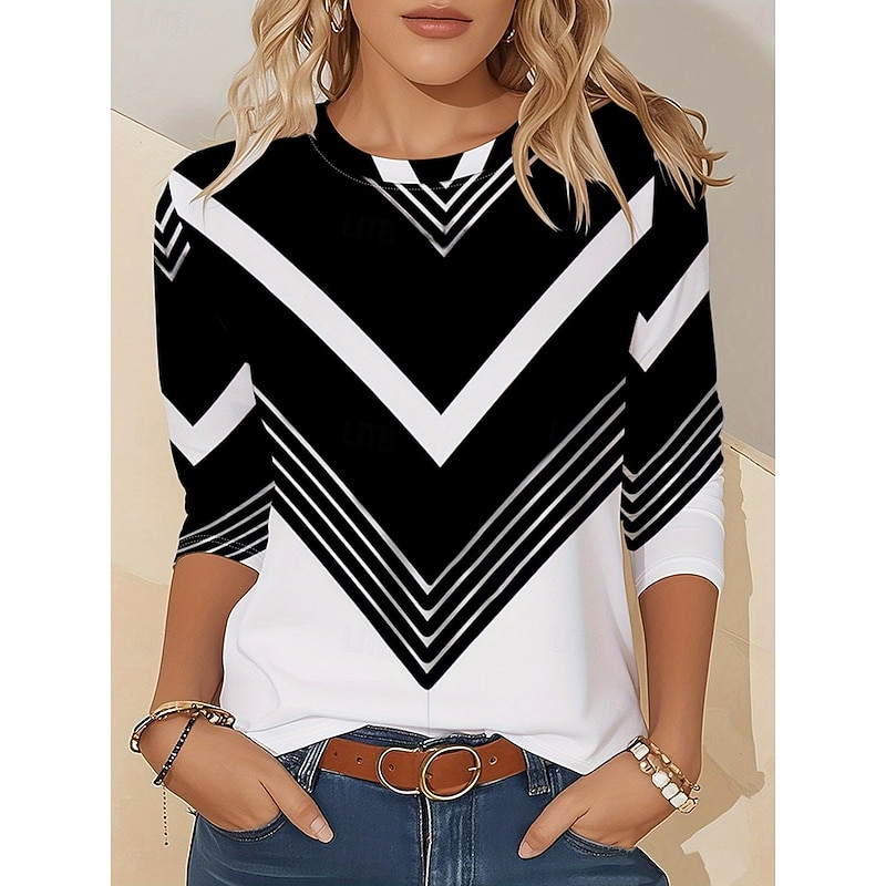 Women's T Shirt Graphic Geometric Striped Vintage Stylish Classic Long Sleeve Crew Neck Round Neck Regular Tops Daily Print Black and White Spring Fall Winter
