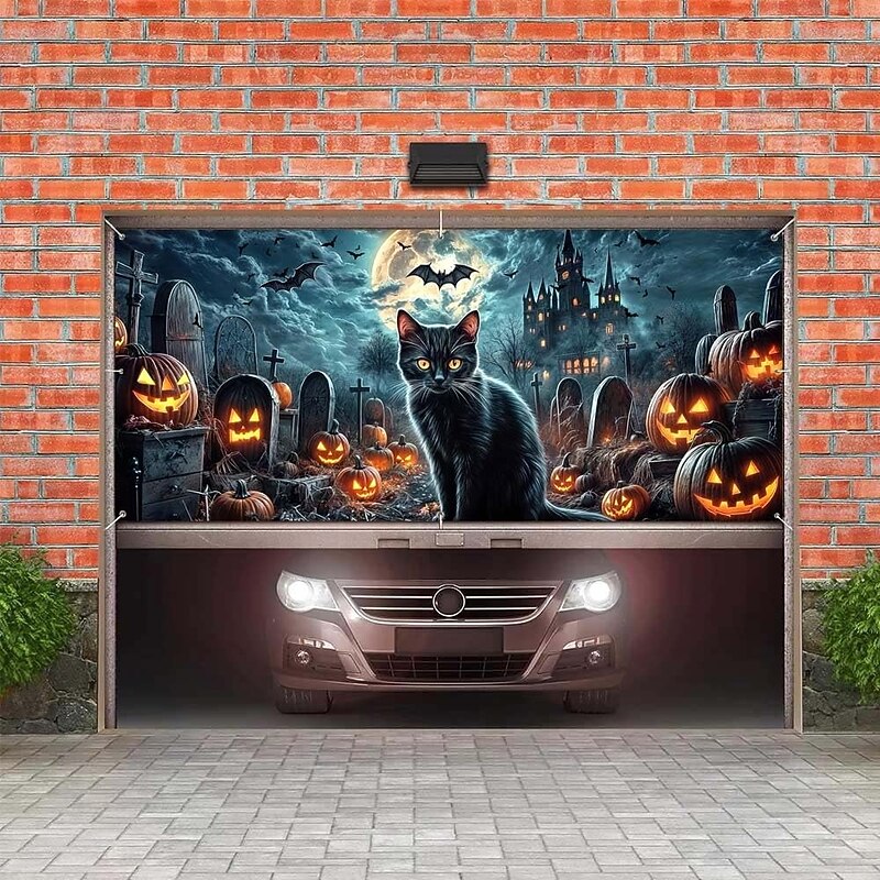 Halloween Tapestry Garage Door Cover Large Hanging Backdrop Cat Cemetery Dark Punk Gothic Style Party Outdoor Shooting Backgrounds Yard Haunted House Home Decor3