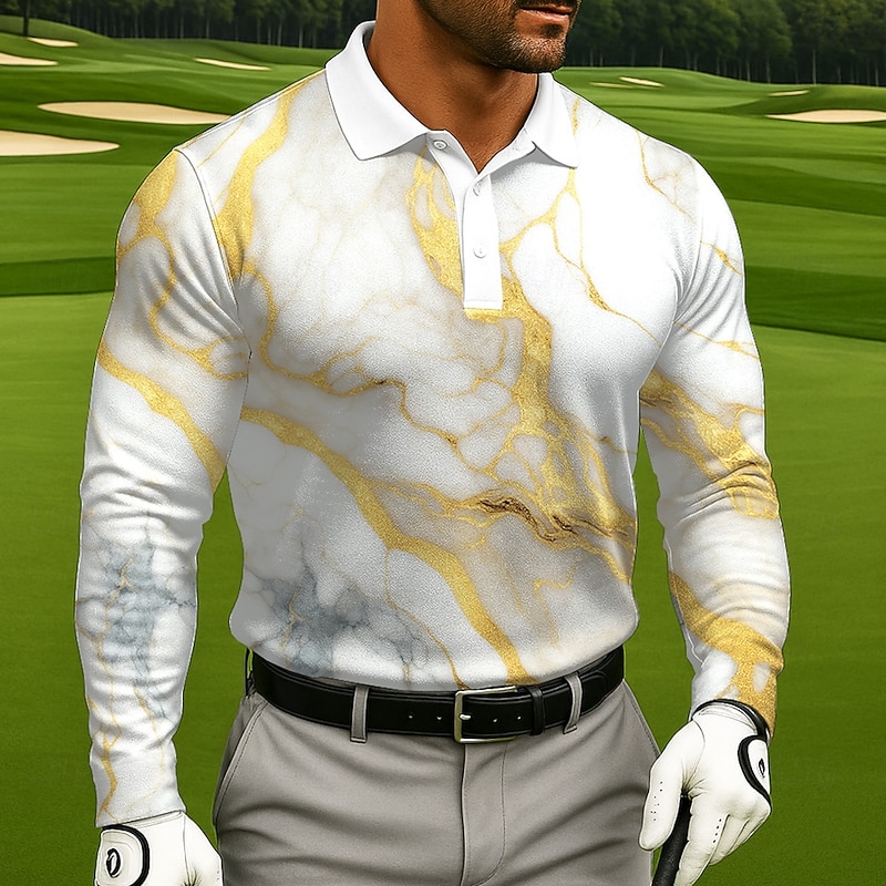 Men's Abstract Marble Polo Long Sleeve Polo Shirts Lapel Casual Athleisure Daily Wear 3D Print Buttons Spring Fall Winter Yellow Light Blue