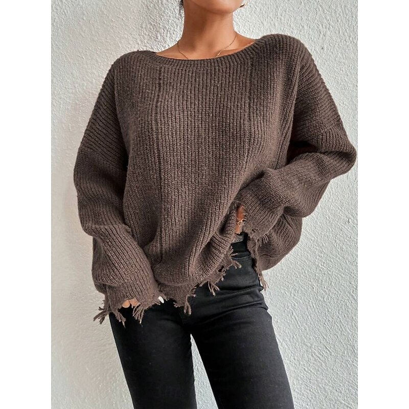 Women's Sweater Casual Soft Pure Color Ribbed Crew Neck Tassel Knitted Long Sleeve Regular Tops Knit Outdoor Daily Weekend Army Green Khaki Fall Winter2