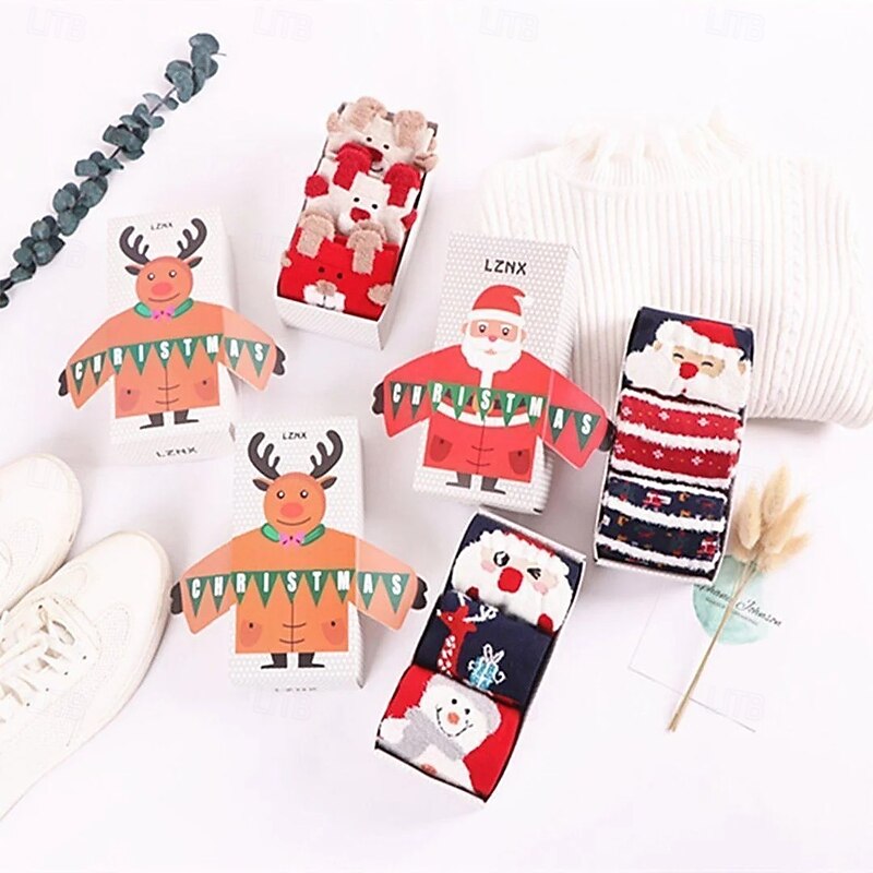 3 Pairs Christmas Cartoon Jacquard Cotton Women's Socks Reindeer Santa Red Mid Calf 3D Design Adult Holiday Gift Box Set Festive Winter Warm Sock Accessory
