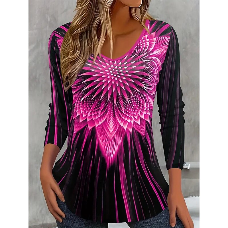 Women's T Shirt Ombre Graphic Geometric Vintage Stylish Classic Long Sleeve V Neck Regular Tops Daily Print Blue Fuchsia Orange Gray Spring Fall4