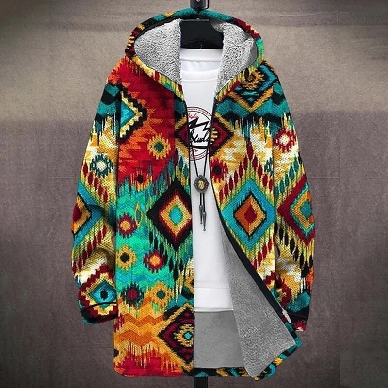 Men Graphic Geometic Winter Coat Fleece Jacket Coat Thermal Warm Comfortable Casual Daily Wear Zipper Pocket 3D Print Fall Winter Hooded Long Sleeve Red Blue Green2