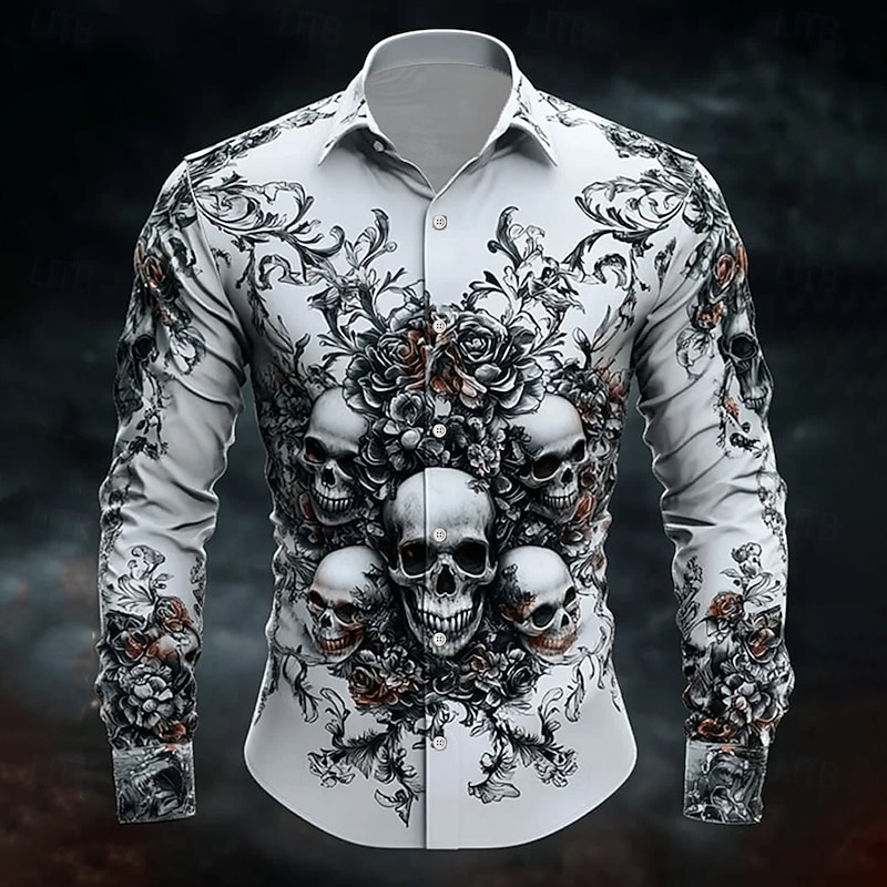 Halloween Men's Skull Halloween Costumes Day of the Dead Shirt Button Up Shirt Casual Dress Shirt Long Sleeve Dark Gothic Style Holiday Summer Spring Turndown 3D Print Collared Shirts Black White3
