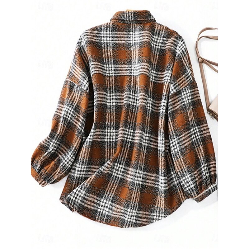 Women's Casual Jacket Shacket Comfortable Breathable Pocket Buttons Print Casual Plaid Vacation Street Casual Daily Wear Single Breasted Regular Turndown Loose Fit Long Sleeve Outerwear Black Brown3