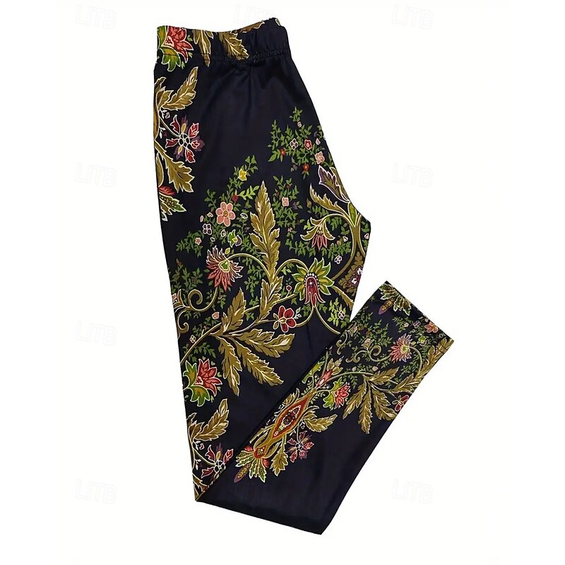 Women's Pants Trousers Leggings Cozy Leggings Streetwear Casual Full Length High Waist Floral Elastic Waist Print Breathability Comfortable Stretchy Vacation Street Daily Wear Black Spring Fall3