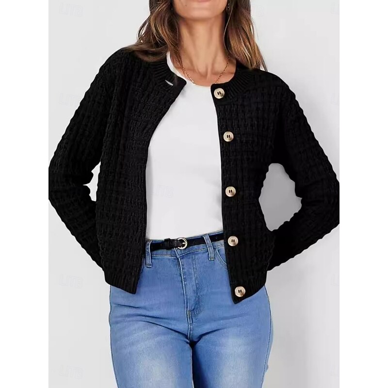 Women's Cardigan Daily Stylish Basic Crochet Crew Neck Buttons Knitted Long Sleeve Regular Tops Knit Outdoor Daily Black Navy Blue Fall Winter4