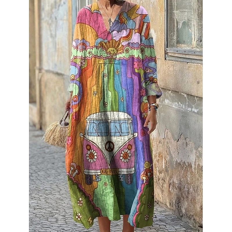 Women's Midi Dress Sundress A Line Dress Vacation Casual Boho Party Holiday Beach Loose Fit Floral Graphic Geometric Long Sleeve V Neck Dark Red Pink Blue Purple Summer Spring Fall2