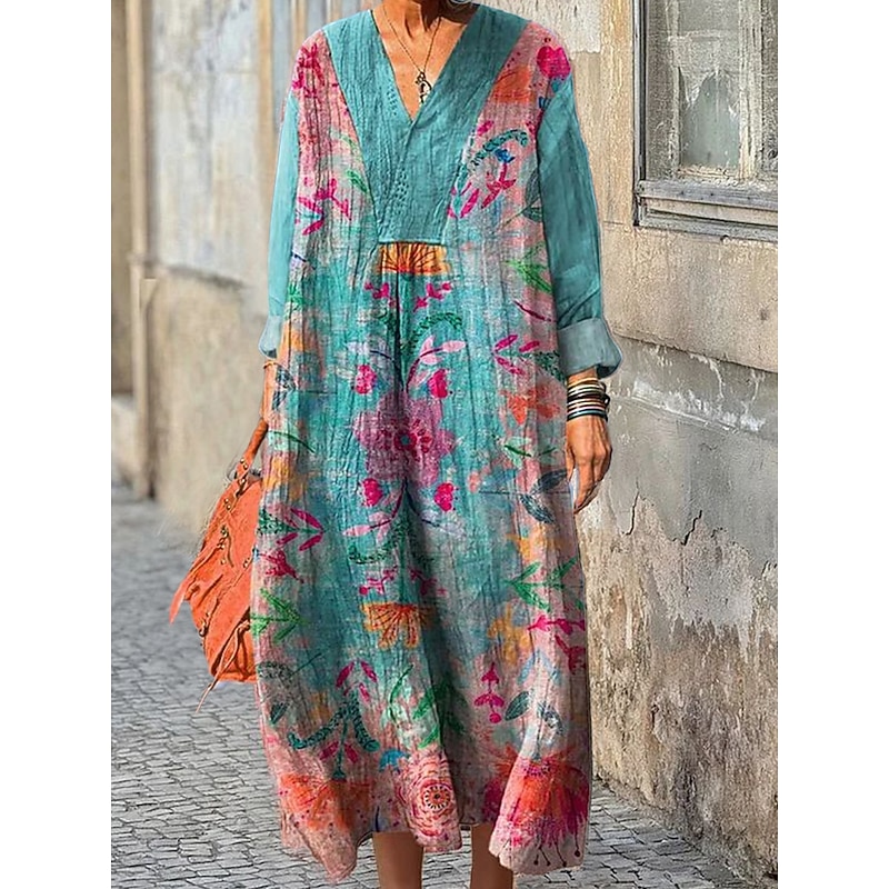 Women's Maxi Dress Sundress A Line Dress Vacation Casual Boho Holiday Loose Fit Graphic Geometric Long Sleeve V Neck Dark Brown Blue Purple Brown Summer Spring Fall