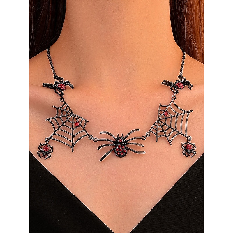 Women's Halloween Gothic Spider Web Necklace and Earrings Set, Black Red Crystal Insect Jewelry for Costume Parties and Cosplay