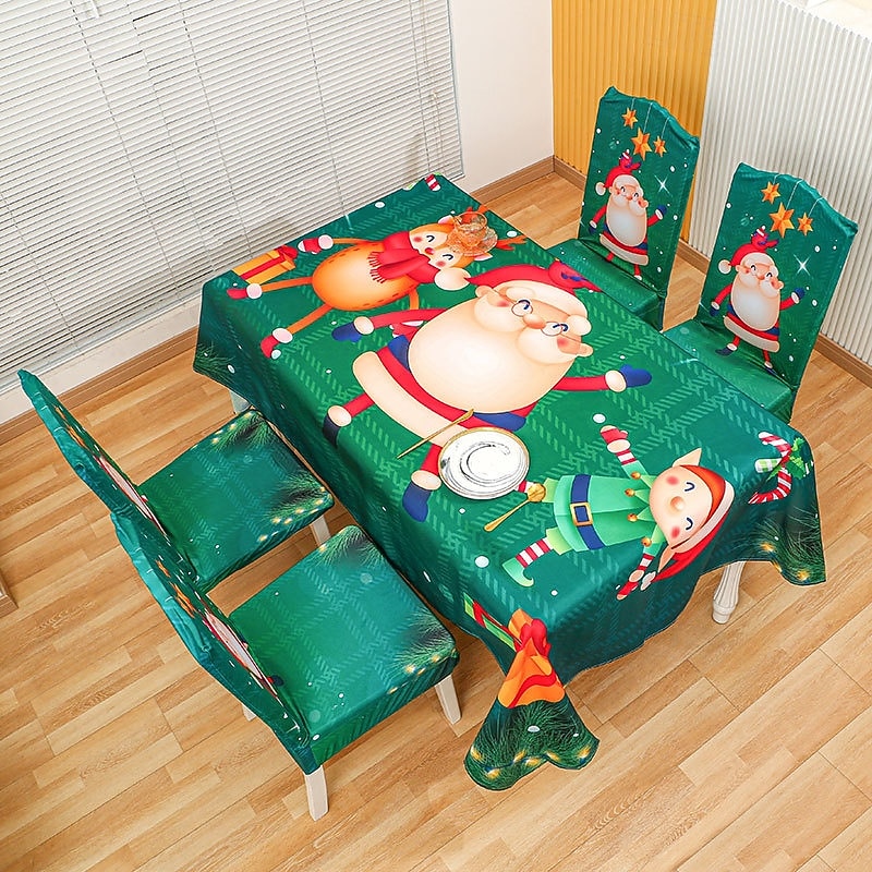 Christmas Chair Covers and Tablecloth Set, Holiday Printed Stretch Chair Slipcovers with Table Cover for Dining Room, Kitchen, Party Decor4