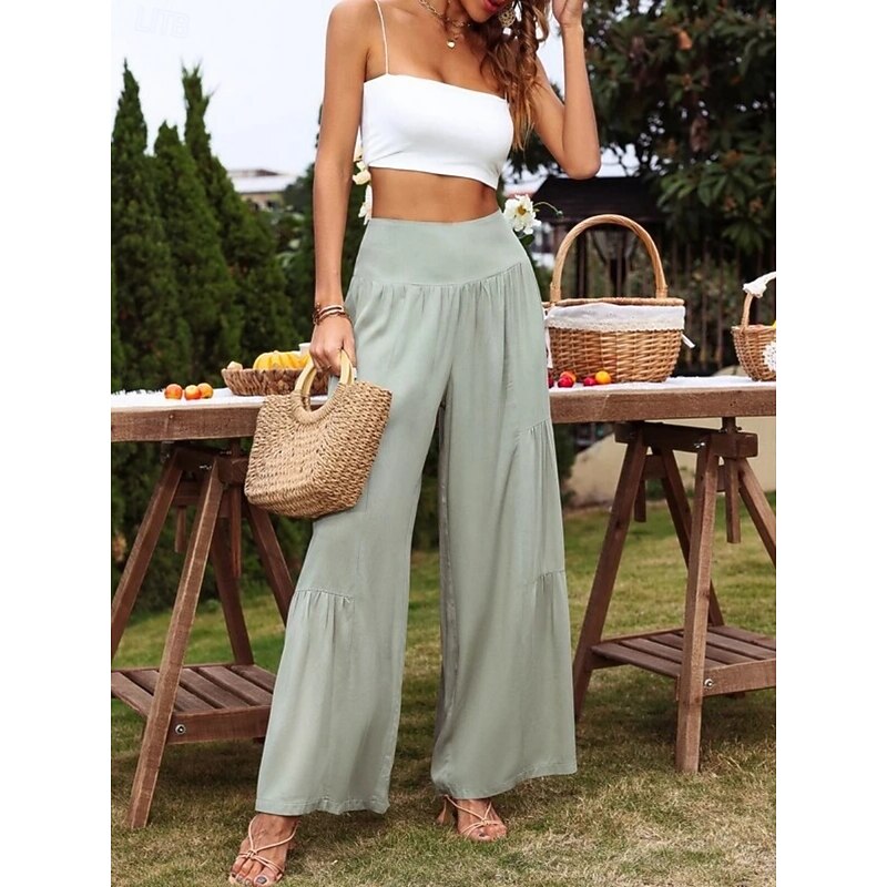 Women's Cotton Linen Pants Wide Leg Chinos Basic Casual Full Length High Waist Plain Elastic Waistband Comfy Soft Comfortable Stretchy Outdoor Street Black White Blue Light Purple Summer Spring2