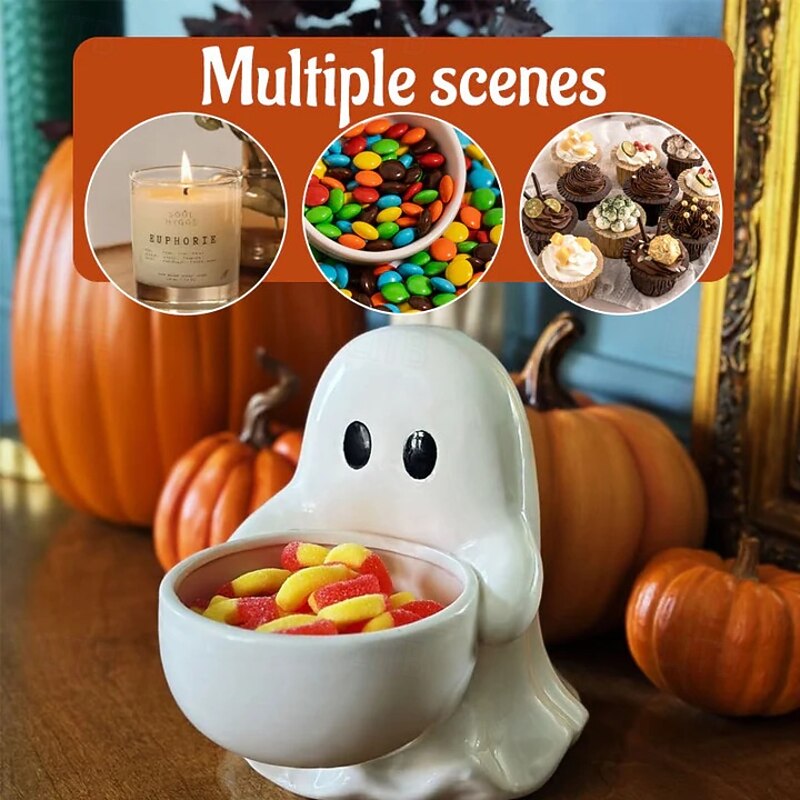 Resin Halloween Cute Ghost Decoration Candlestick Gothic Spooky Cute Ghost Decoration Halloween Candlestick Holder Cartoon Decorative Snack Storage Box3