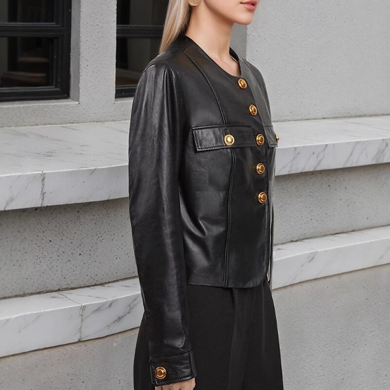 Women's Faux Leather Jacket Casual Jacket Comfortable Pocket Buttons Fashion Plain Going out Weekend Single Breasted Regular Crewneck Regular Fit Long Sleeve Outerwear Black Fall2