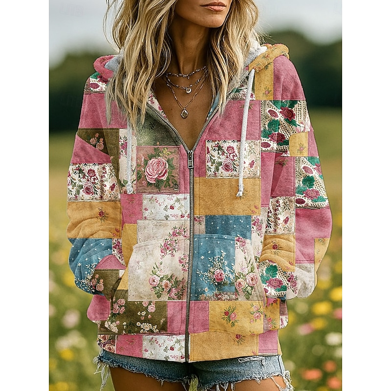 Women's 3D Print Vintage Boho Hoodie Patchwork Hoodie Sweatshirt Floral Zip Up s  Fashion Casual Long Sleeve Hooded  Street Dailywear Casual Patchwork Zipper Pocket Pink Red Blue Spring Fall3