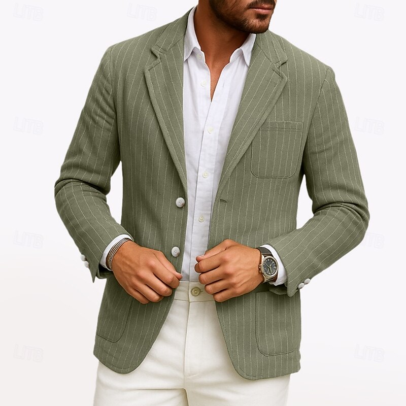 Men's Linen Blazer Jacket Wedding Anniversary Vacation Only tops Elegant Vintage Spring Fall Cotton Linen Solid Color Striped Buttons Comfy Single Breasted Two-button Blazer Black Green khaki Gray
