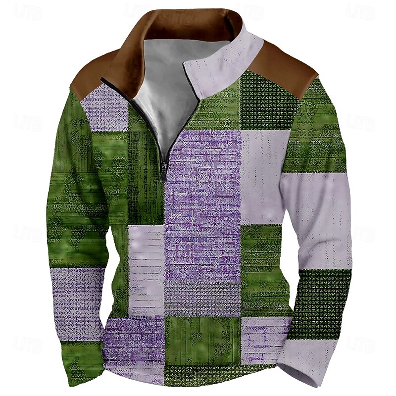 Men's Geometric Plaid Sweatshirt Sports Fashion Long Sleeve Zip Home Party Work Blue Brown Fall All Seasons Designer3