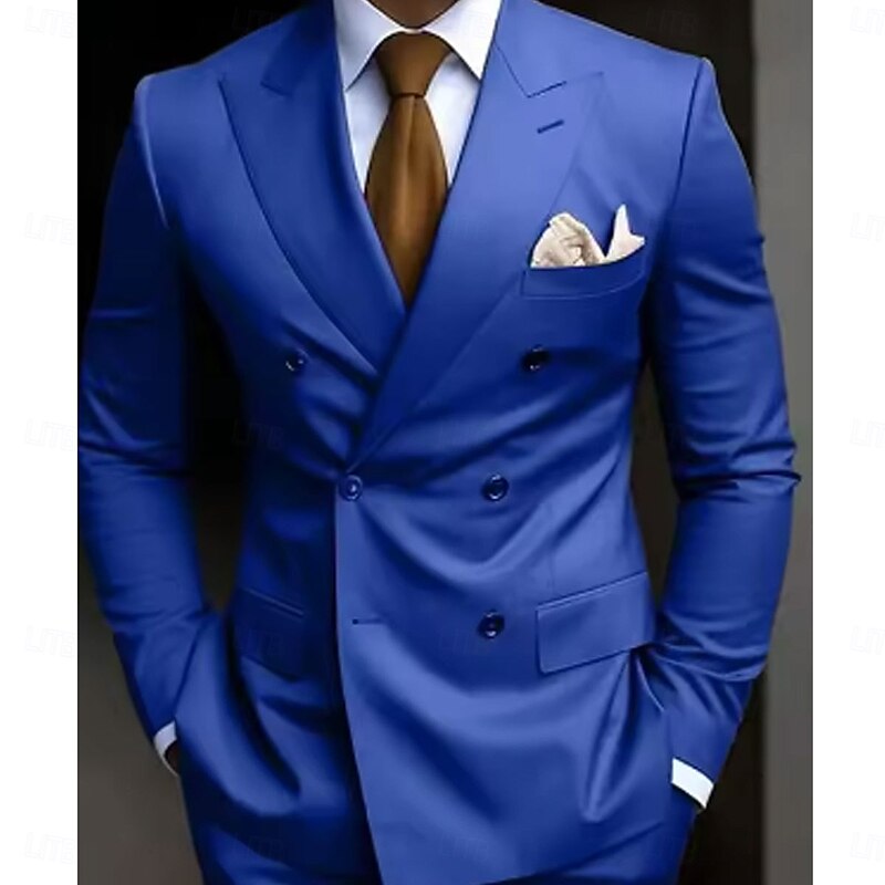 Men's Wedding Business Party Suits Peaked Lapel Blue Formal Solid Colored Slim Fit 2 Piece Double Breasted Six-buttons