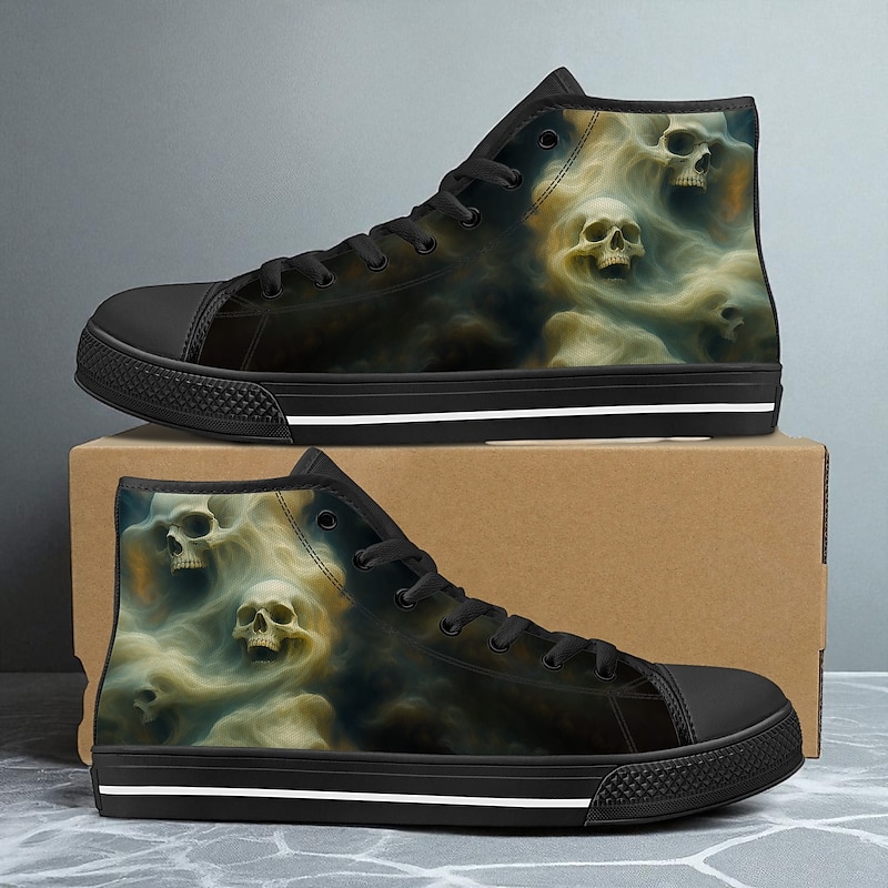 Men's Green Ghost Skull Print High Top Sneakers – Gothic Casual Canvas Shoes for Halloween, Cosplay and Street Fashion