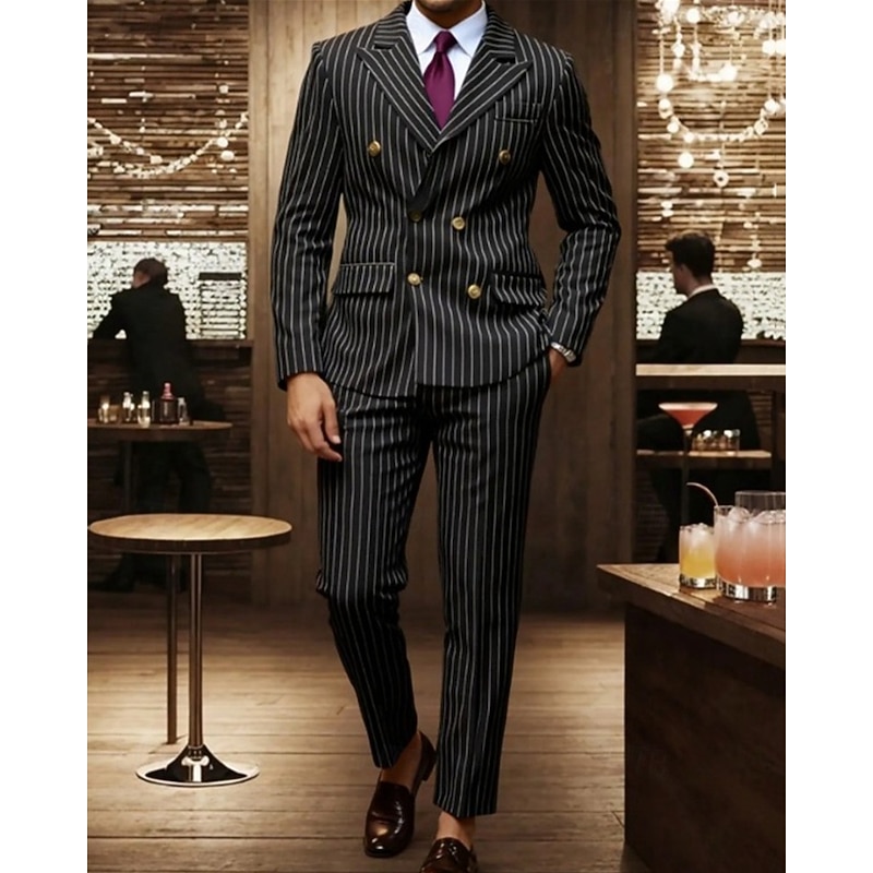 Men's Blazer Set Business Cocktail Party Wedding Party 2 Piece Fashion Casual Spring Fall Polyester Stripe Pocket Buttons Comfortable Double Breasted Blazer Black