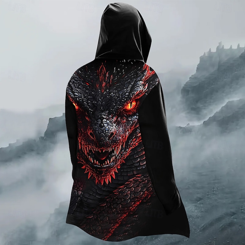 Men's Dragon Winter Coat Fleece Jacket Coat Thermal Warm Comfortable Casual Street Daily Wear Zipper Pocket 3D Print Fall Winter Hooded Long Sleeve Red Blue Amethyst