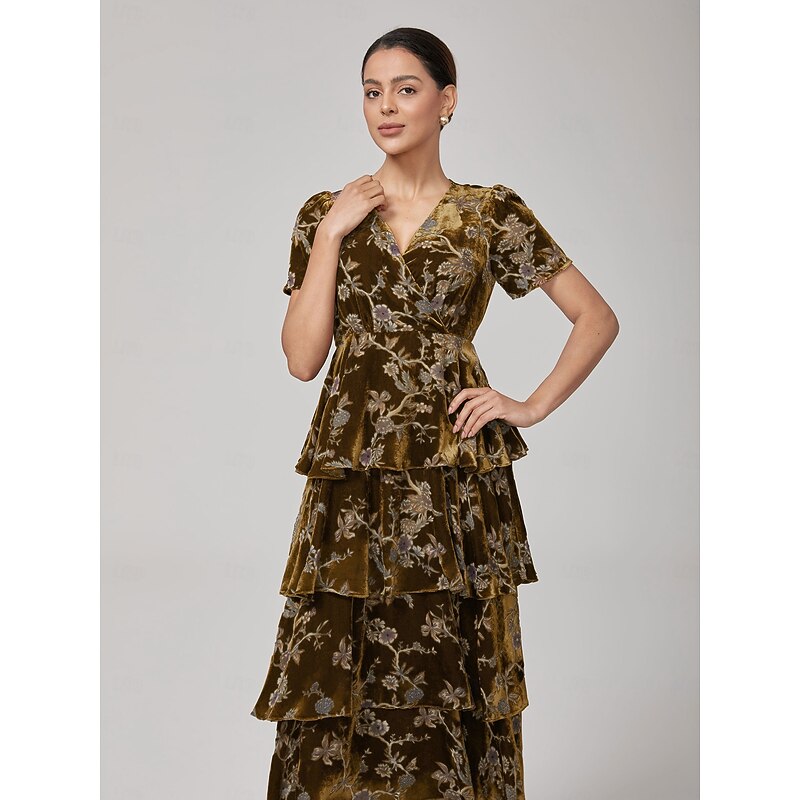 Women's Female Casual Dress Long Dress Maxi Dress Brown Short Sleeve Floral Fall Cross-Seasons V Neck Vintage XS S M4