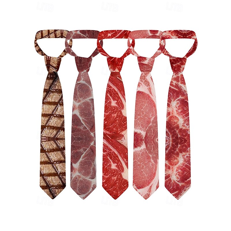 Men's Halloween Meat Print Necktie – Funny and Unique Steak and Bacon Design, Perfect for Halloween Parties and Costume Events