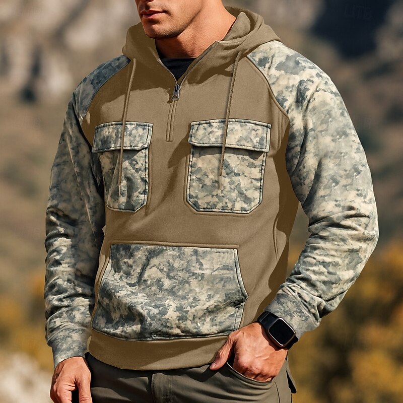 Men's Hoodie Quarter Zip Hoodie Tactical Hoodie Camo Hoodie Wine Red Black Army Green Royal Blue Khaki Hooded Camouflage Zipper Sports & Outdoor Casual Daily Streetwear Cool Sportswear Spring &  Fall3