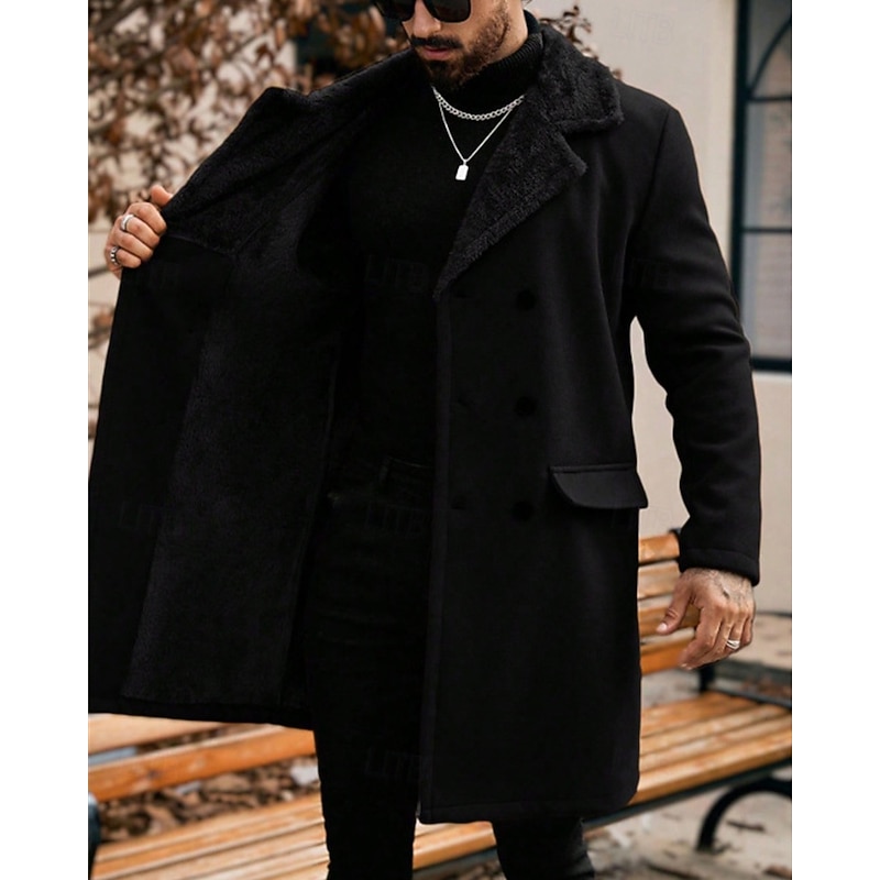 Men's Overcoat Trench Coat Long Trench Coat Vacation Daily Fall Winter Polyester Thermal Warm Windproof Outerwear Clothing Apparel Fashion Classic Plain Pocket Lapel Single Breasted4